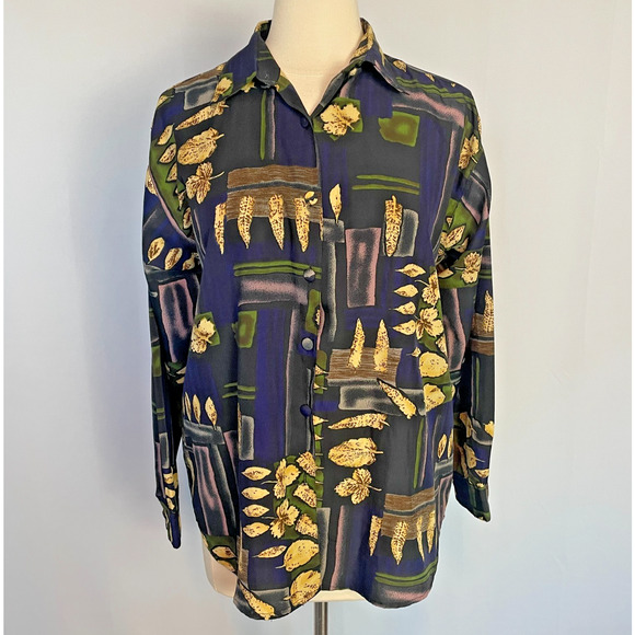 Vintage Blouse Top Size Medium Purple Green Boho Art Print Long Sleeve Button - Picture 1 of 12